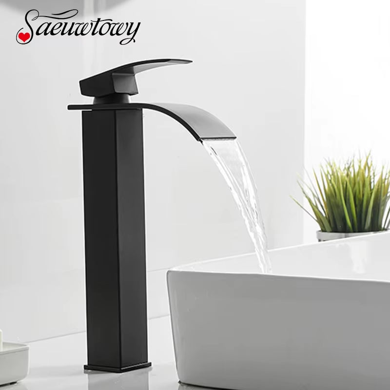 Waterfall Black Higher Basin Wash Basin Bathroom Cabinet Faucet Bathroom Nordic Black Paint Single Hole Faucet