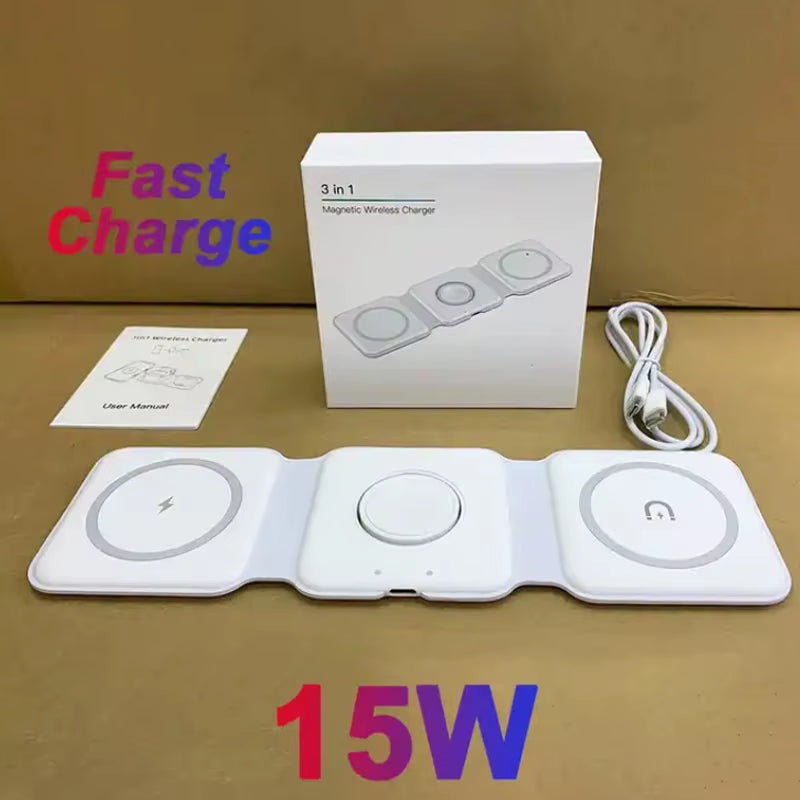 Hot Selling 3 in 1 Foldable Magnetic Wireless Charging Station for Mobile Phone Fast Charging Desktop Charger Stand