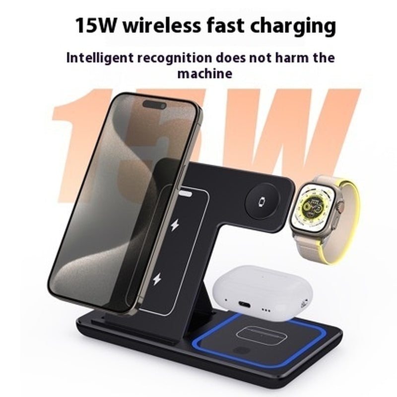 15W 3 in 1 LED Fast Wireless Charger Stand Foldable Charging Station for Smart Phone 15 14 13 12 11 Iwatch 9 8 7 6 5 Airpods Pro