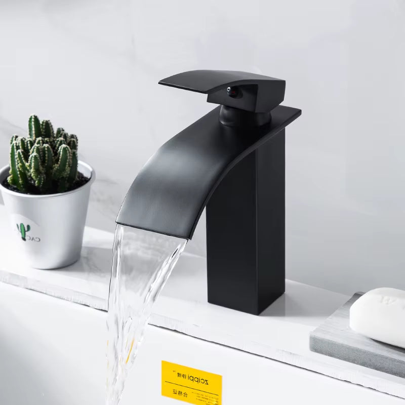Waterfall Black Higher Basin Wash Basin Bathroom Cabinet Faucet Bathroom Nordic Black Paint Single Hole Faucet