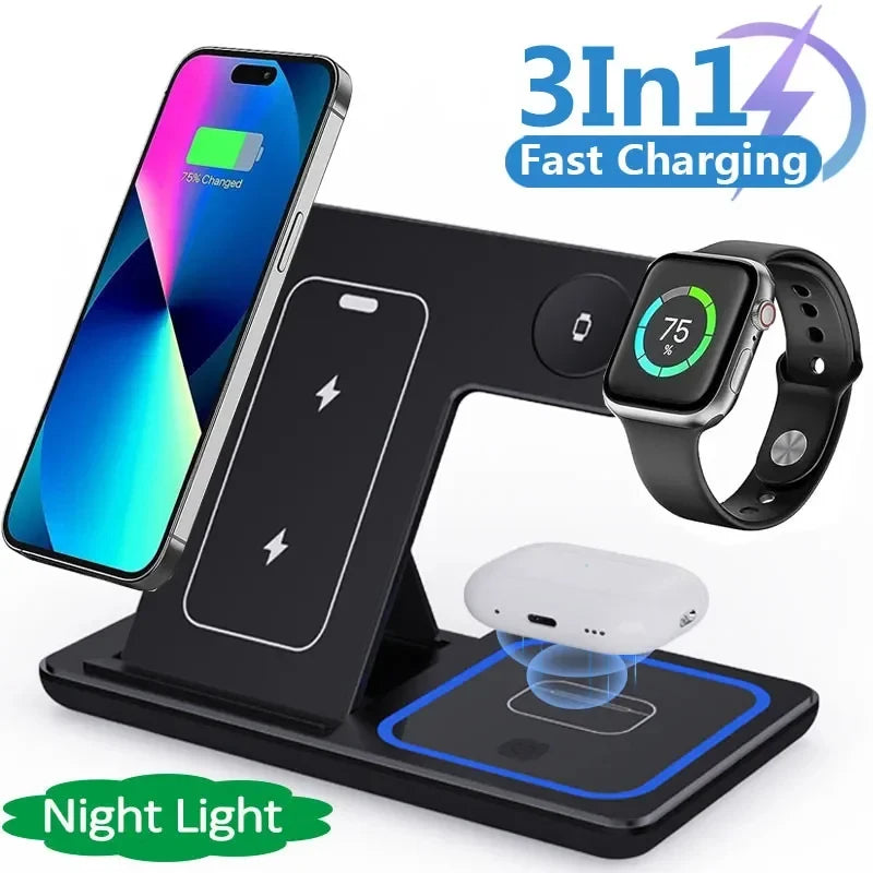 15W 3 in 1 LED Fast Wireless Charger Stand Foldable Charging Station for Smart Phone 15 14 13 12 11 Iwatch 9 8 7 6 5 Airpods Pro
