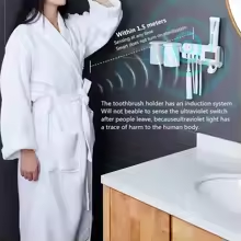 Toothbrush holder mounted beside a bathroom mirror